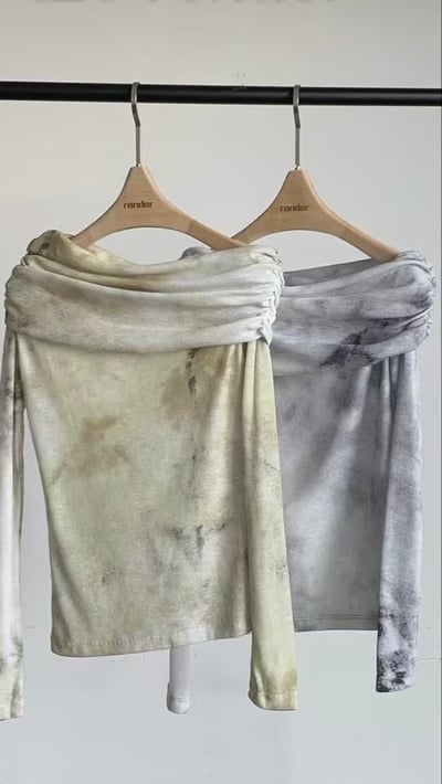 仙女渲染一字領彈性上衣12