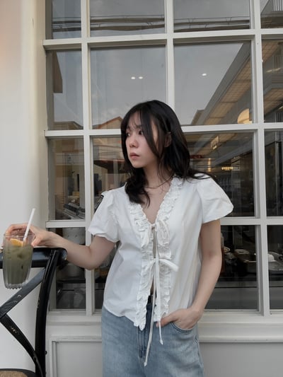 抓皺滾邊少女綁帶上衣9