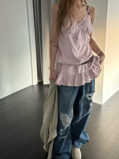 高級感刺繡絨面細肩洋裝3