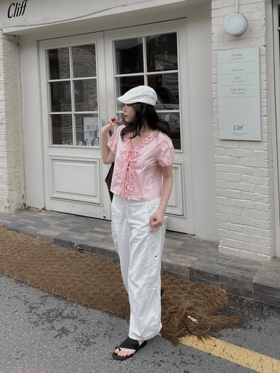 抓皺滾邊少女綁帶上衣4