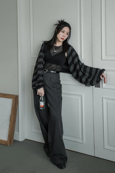 雙腰釦設計條紋寬版直筒褲7