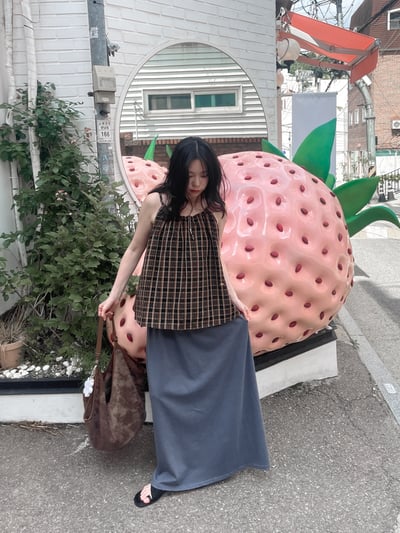 韓系度假附髮帶格子背心9