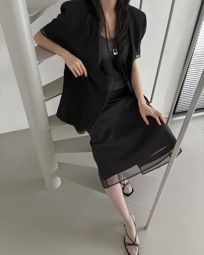 雪紡拼接亞麻西裝外套2