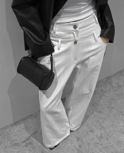 雙腰釦設計條紋寬版直筒褲4
