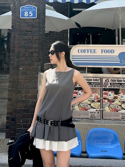 修身拼接西裝百褶洋裝（褲裙）5