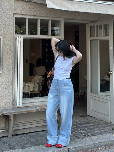 刷色好美寬鬆大反摺牛仔褲 S/M6