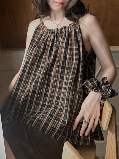 韓系度假附髮帶格子背心10