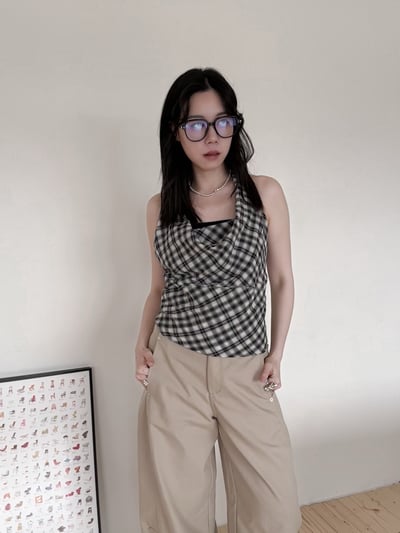 休閒格紋棉質綁帶背心3