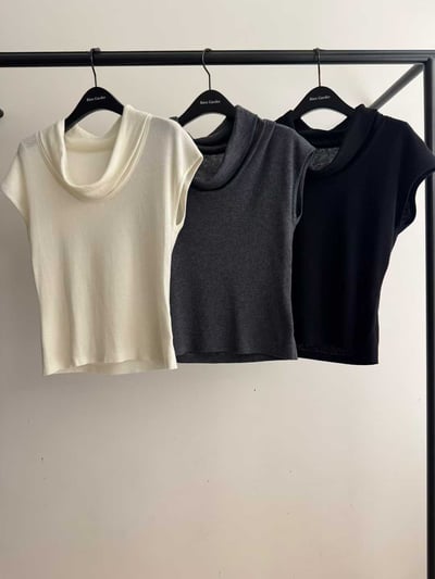 垂墜線條領羊毛短袖針織衫6