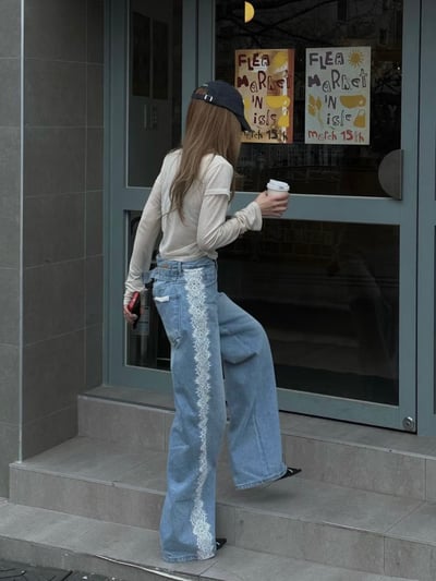 側拼蕾絲直筒牛仔褲8