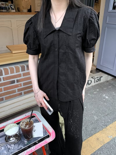 小澎袖蕾絲棉質襯衫2