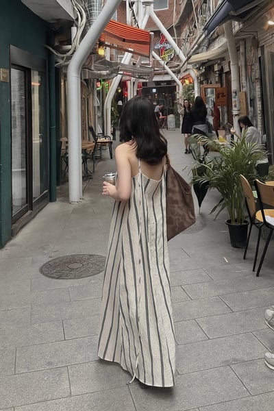 度假必備棉麻條紋洋裝2