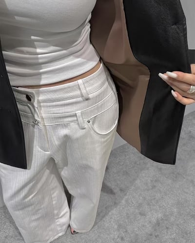 雙腰釦設計條紋寬版直筒褲5