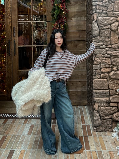 小露肩磨毛條紋連帽上衣5