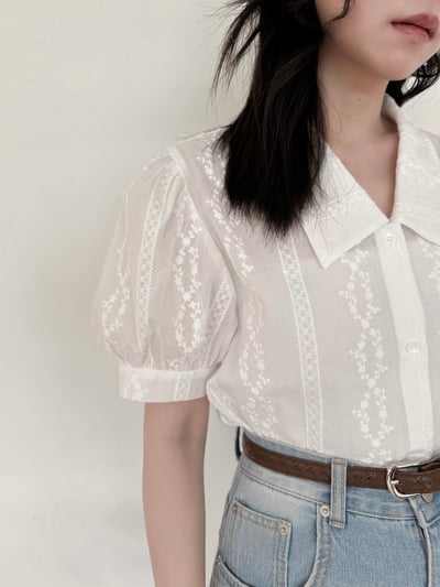 小澎袖蕾絲棉質襯衫7