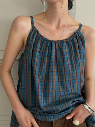 韓系度假附髮帶格子背心3