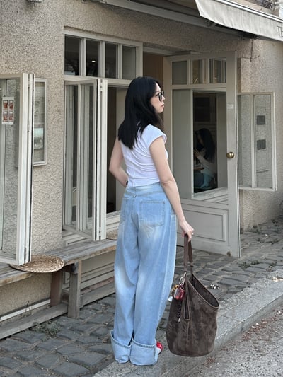 刷色好美寬鬆大反摺牛仔褲 S/M3