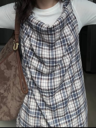 綁帶垂墜棉質格紋開衩洋裝7