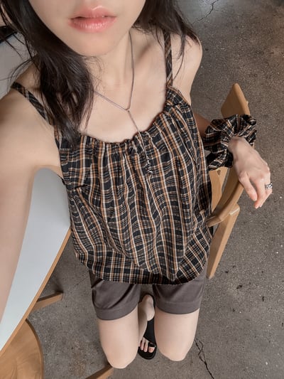 韓系度假附髮帶格子背心1
