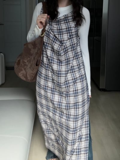 綁帶垂墜棉質格紋開衩洋裝5