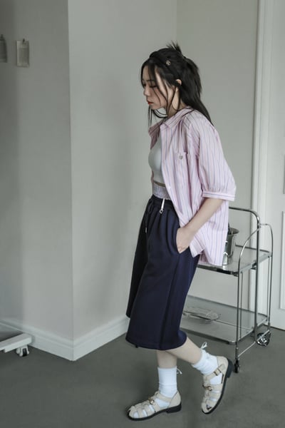 條紋配襯小吊環七分棉褲（咩冷同款）10