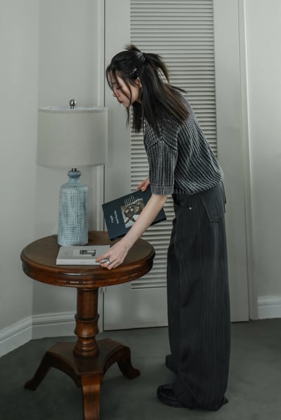 雙腰釦設計條紋寬版直筒褲9