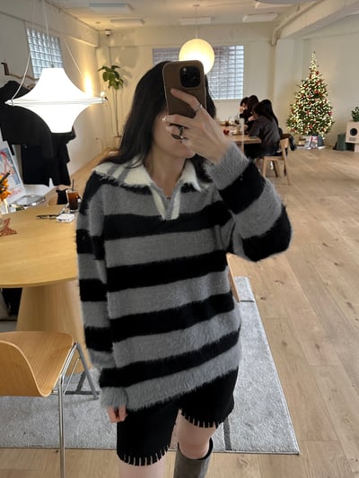 海毛質感開領條紋上衣5