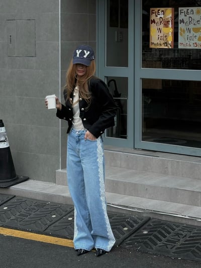 側拼蕾絲直筒牛仔褲11