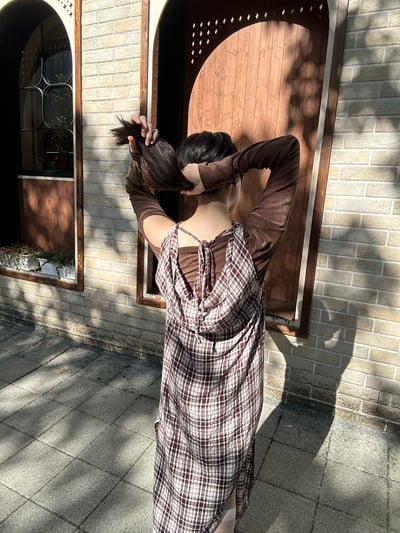 綁帶垂墜棉質格紋開衩洋裝2