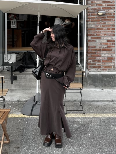 高級感光澤附片裙開衩長裙3