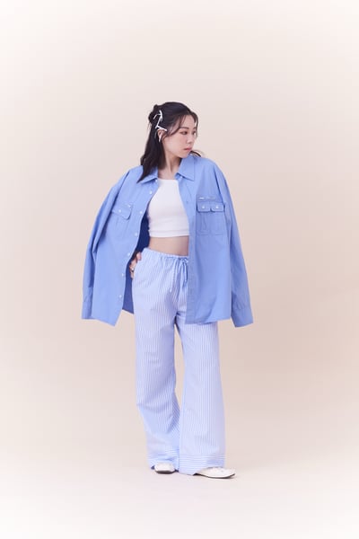 法式小浪漫鬆緊腰頭條紋長褲4