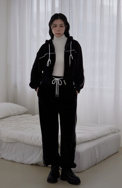 車線拼接絨面抽繩長褲1