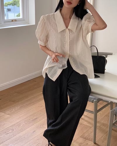 小澎袖蕾絲棉質襯衫11