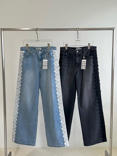 側拼蕾絲直筒牛仔褲13