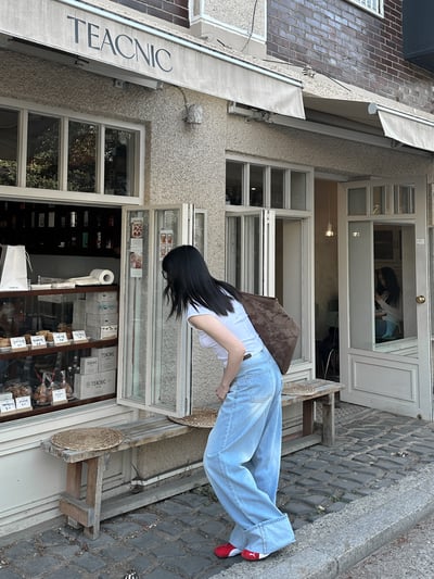 刷色好美寬鬆大反摺牛仔褲 S/M5