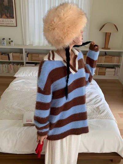 海毛質感開領條紋上衣13