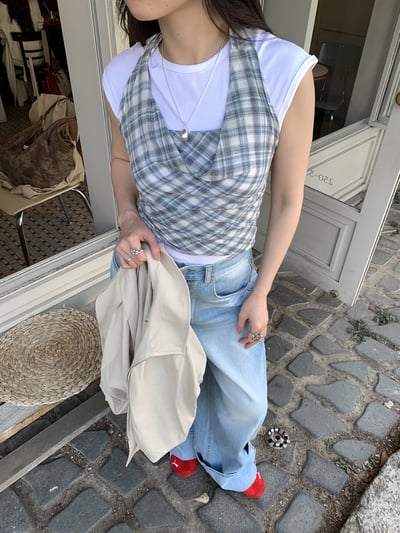 休閒格紋棉質綁帶背心1