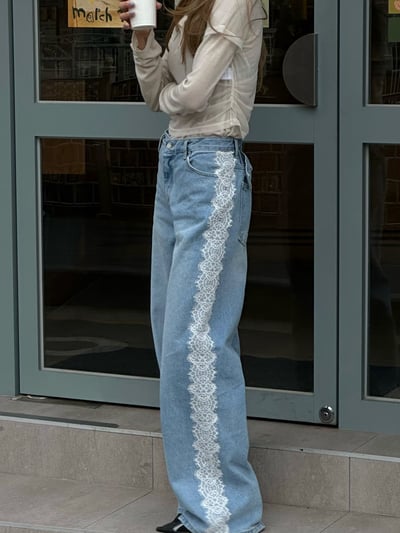 側拼蕾絲直筒牛仔褲1