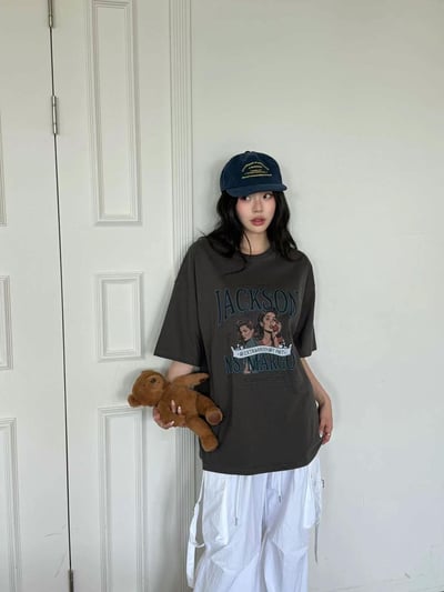 美式女孩印圖寬鬆柔棉T恤1