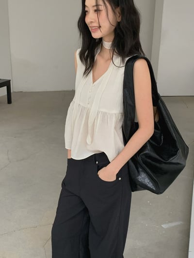 韓系小眾輕透綁帶無袖上衣7