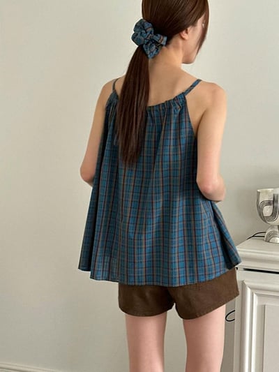 韓系度假附髮帶格子背心8