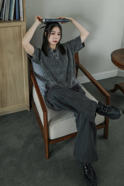 雙腰釦設計條紋寬版直筒褲6