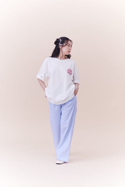 法式小浪漫鬆緊腰頭條紋長褲2