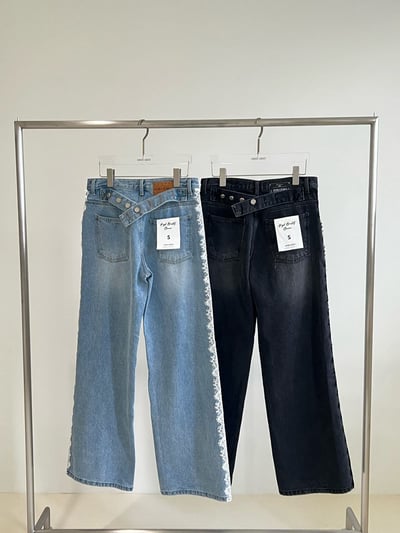 側拼蕾絲直筒牛仔褲14