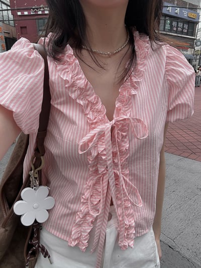 抓皺滾邊少女綁帶上衣7