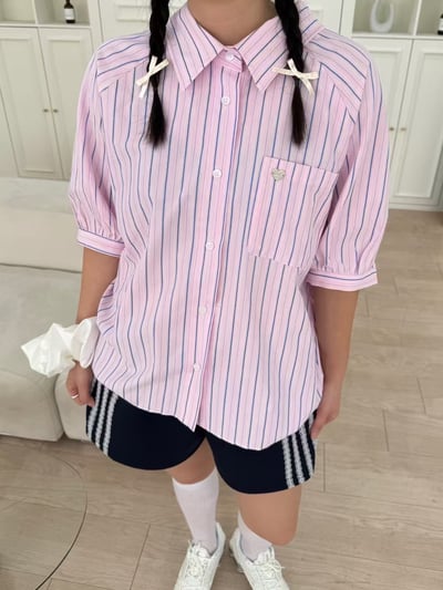 愛心銀標小可愛澎袖條紋襯衫（咩冷同款）6