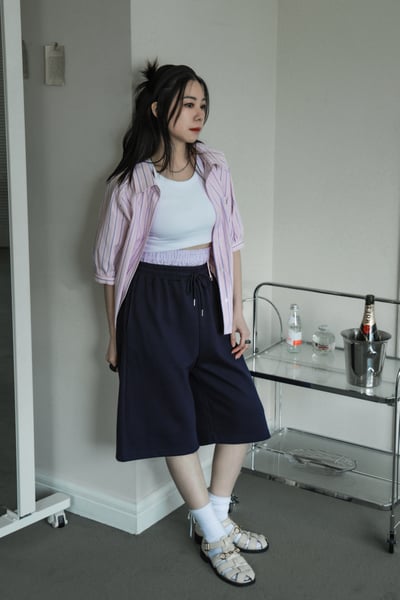 條紋配襯小吊環七分棉褲（咩冷同款）4