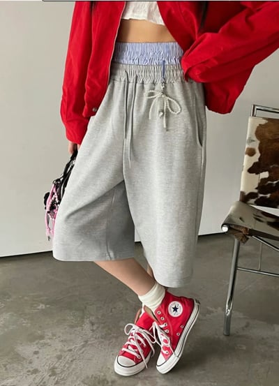 條紋配襯小吊環七分棉褲（咩冷同款）1