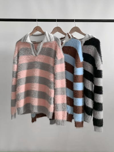 海毛質感開領條紋上衣11