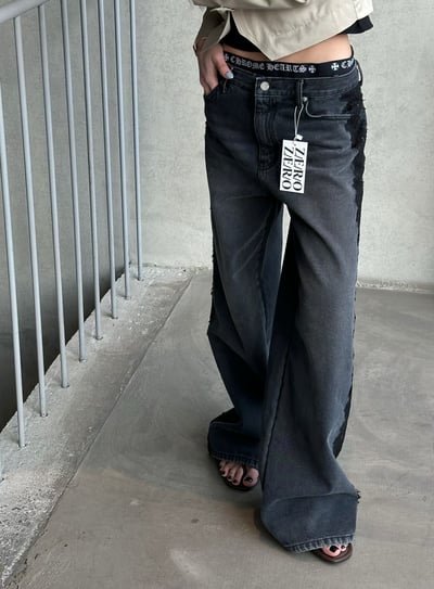 側拼蕾絲直筒牛仔褲7